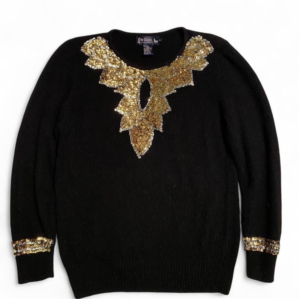 Vintage Le Chois Black Sweater with Gold Sequin Design - Picture 3 of 5